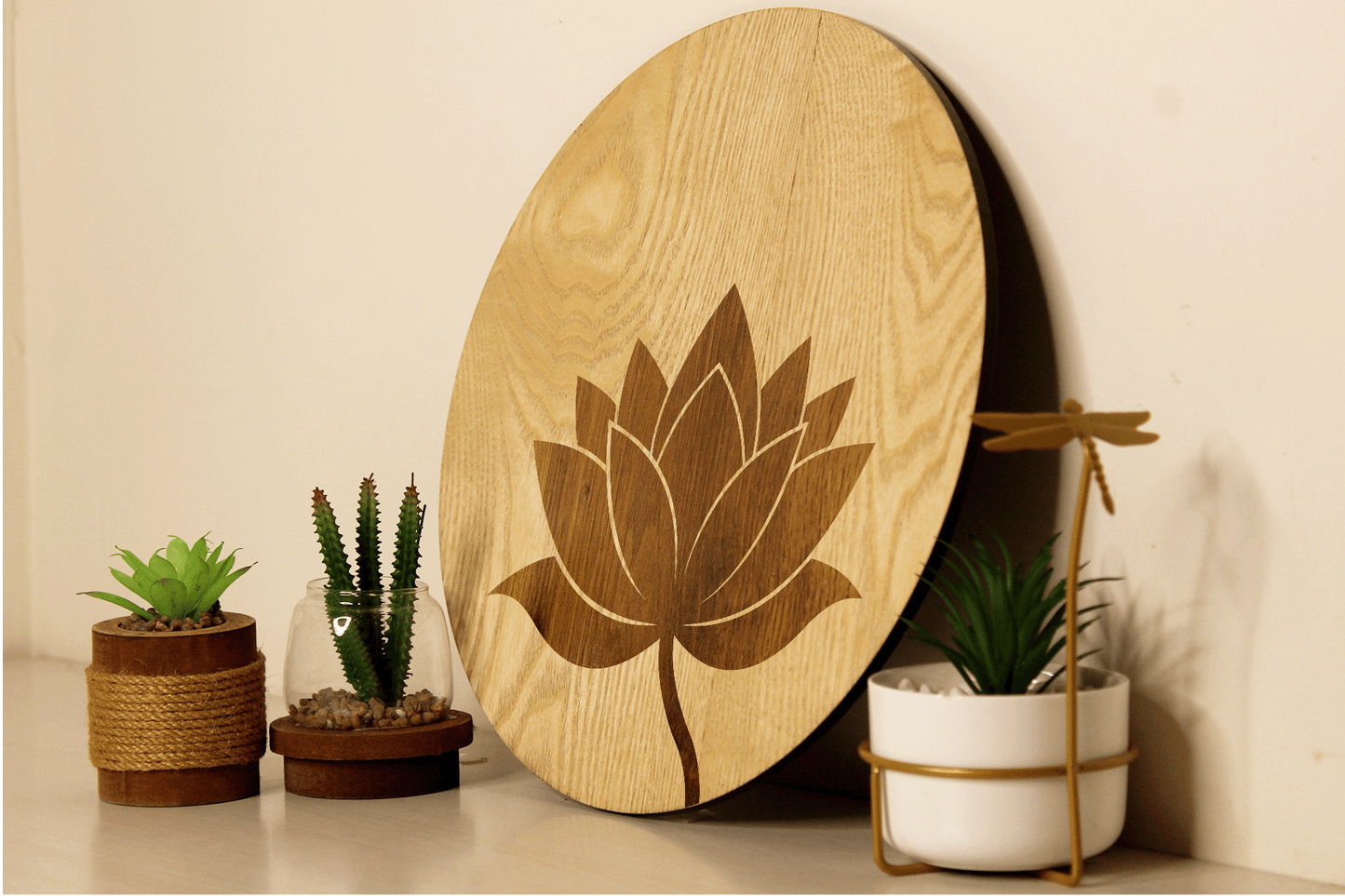 Blooming Lotus-Hand Crafted Veneer Art (Beige)