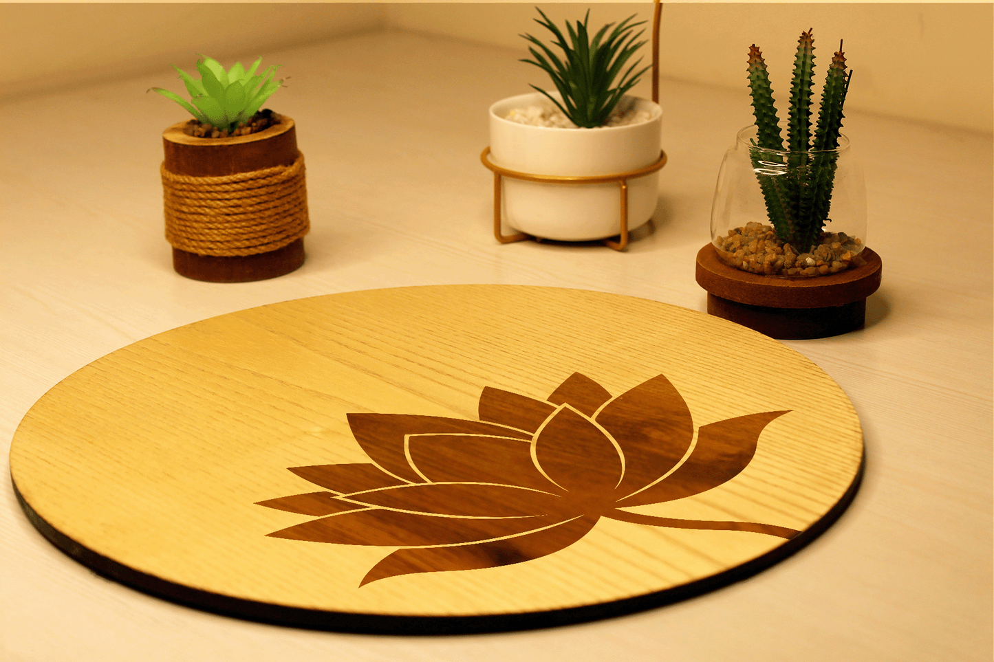 Blooming Lotus-Hand Crafted Veneer Art (Beige)